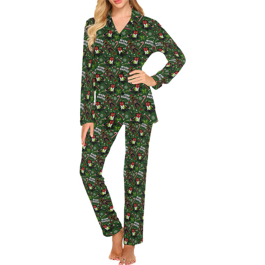 Merry Krampus Green Red Creepmas Spooky Men's and Women's Long Sleeve Pajama Sets No Pockets