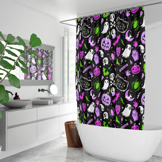 Everything Spooky 2022 Black, White, Magenta, Lavender, Green Halloween Shower Curtain