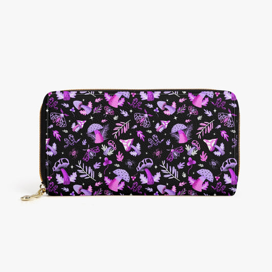 Midnight Mushrooms Purple, Magenta Zipper Wallet