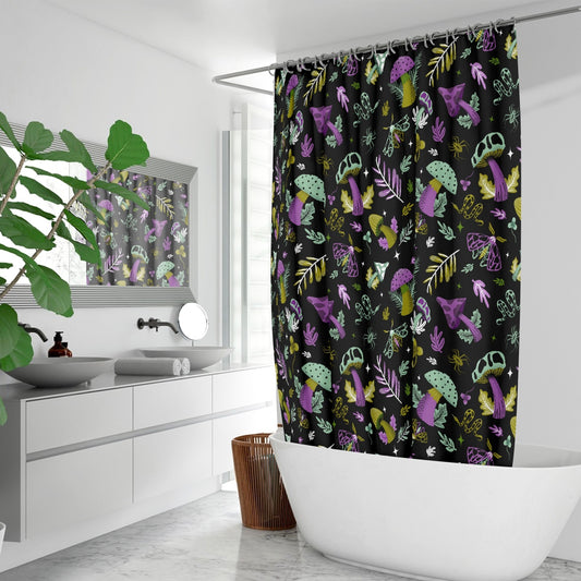 Midnight Mushrooms 2022 Chartreuse Mint Mauve Mushroomcore Cottagecore Witchy Shower Curtain