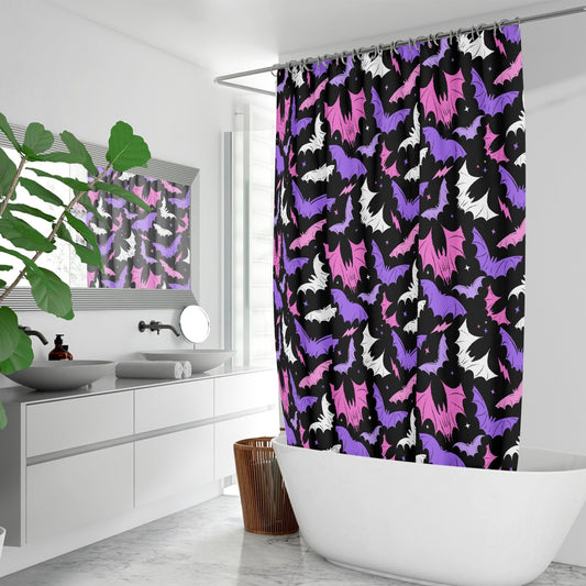 Batty Bats 2023 Black with Pink, Purple, Lavender Gothic Halloween Shower Curtain