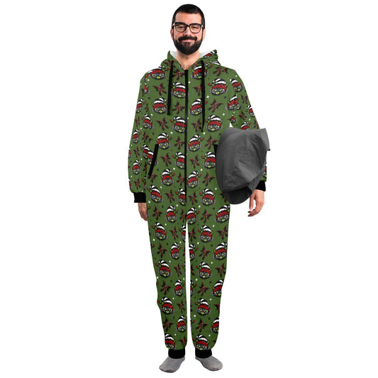 Elf Black Cat Green Red Unisex One-Piece Zip Up Hooded Pajamas