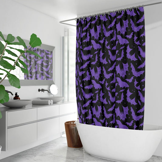 Batty Bats 2023 Black with Purple Gothic Halloween Shower Curtain