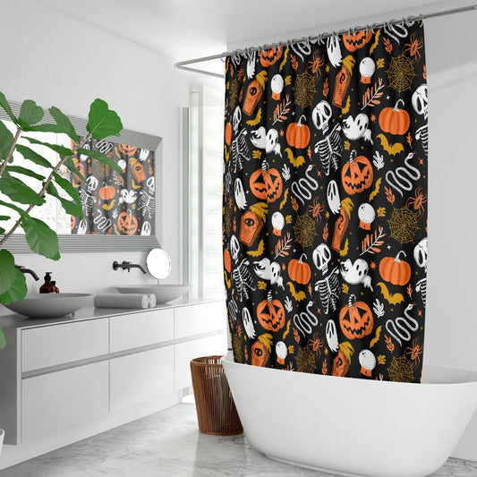 Everything Halloween 2022 Black, White, Orange, Yellow Shower Curtain