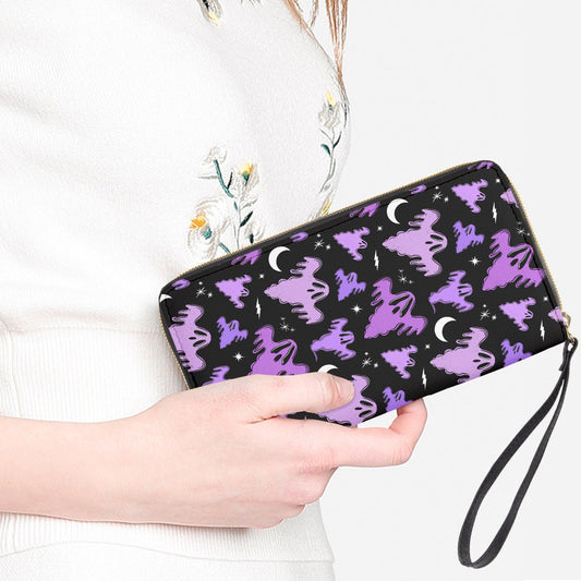 Graveyard Ghosts Black, White, Purple, Orchid Faux Leather Wristlet Clutch Wallet