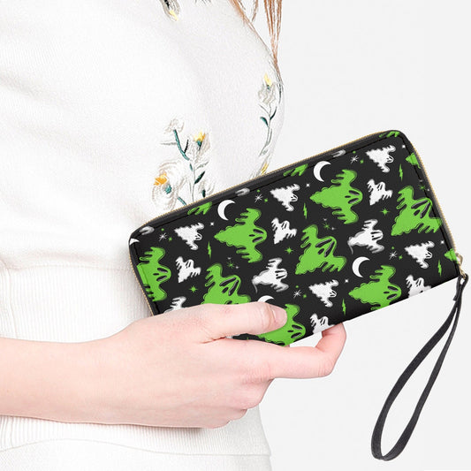 Graveyard Ghosts Black, White, Green Faux Leather Wristlet Clutch Wallet