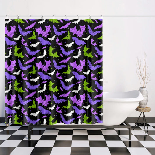 Batty Bats 2023 Black with Orchid, Purple, Palm Gothic Halloween Shower Curtain