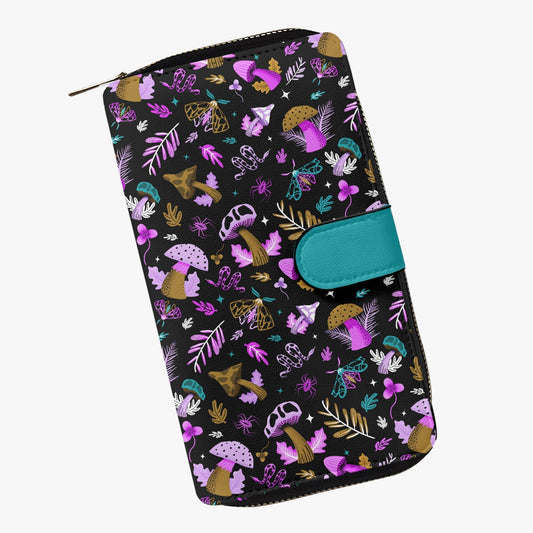 Midnight Mushrooms Teal Gold Magenta Earthy Faux Leather Wallet