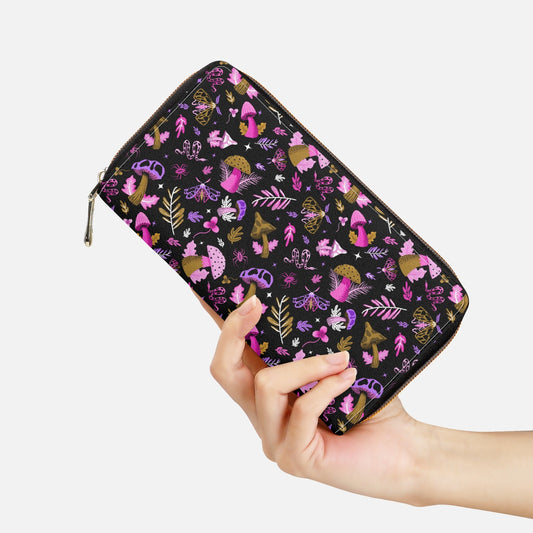 Midnight Mushrooms Orchid, Magenta, Gold Zipper Wallet