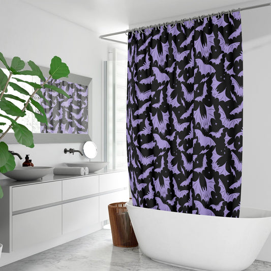 Batty Bats 2023 Black with Lavender Gothic Halloween Shower Curtain