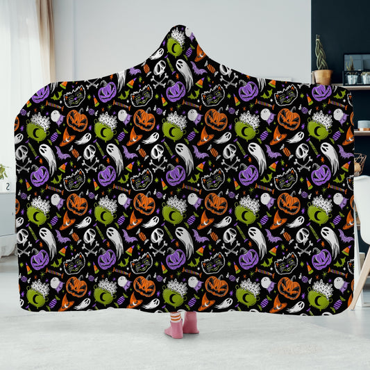 Trick or Treat 2023 Orange Chartreuse Purple Hooded Blanket