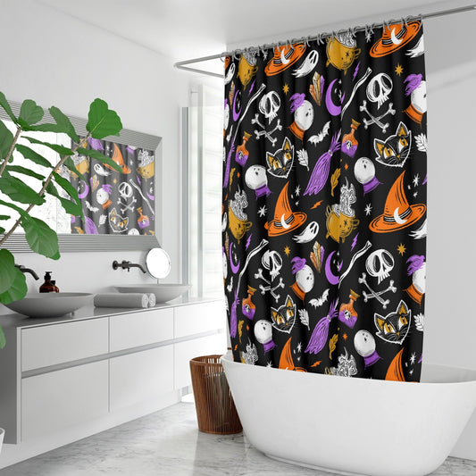 Magick Curio 2023 Orange, Orchid, Gold Witchy Halloween Shower Curtain