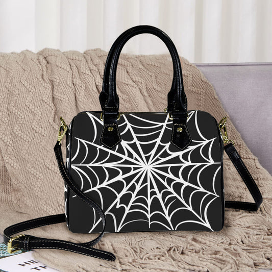 Spooky Gothic Spiderweb BW Boston Handbag Purse