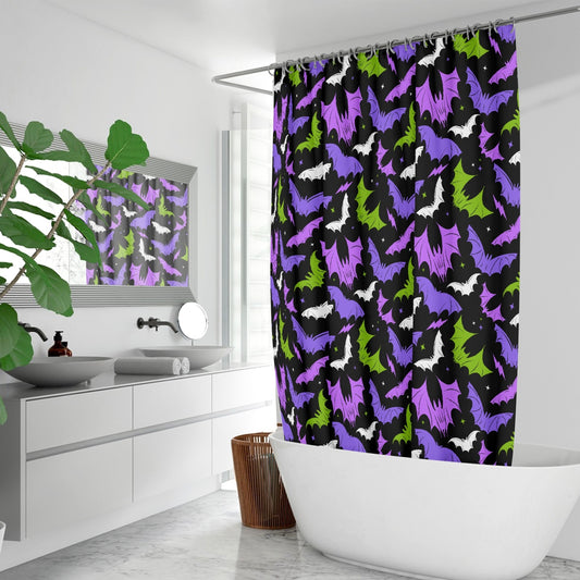 Batty Bats 2023 Black with Orchid, Purple, Palm Gothic Halloween Shower Curtain