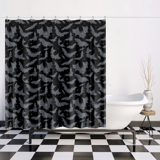 Batty Bats 2023 Black with Gray Gothic Halloween Shower Curtain