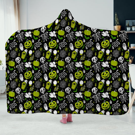 Everything Halloween 2022 Black, White, Green, Chartreuse Hooded Blanket