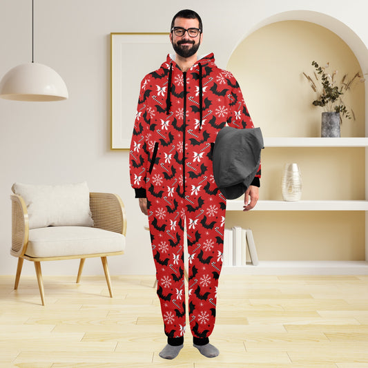 Bats and Bows Red Unisex One-Piece Zip Up Hooded Pajamas