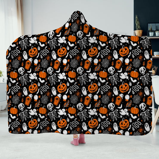 Everything Halloween 2022 Black, White, Orange Hooded Blanket