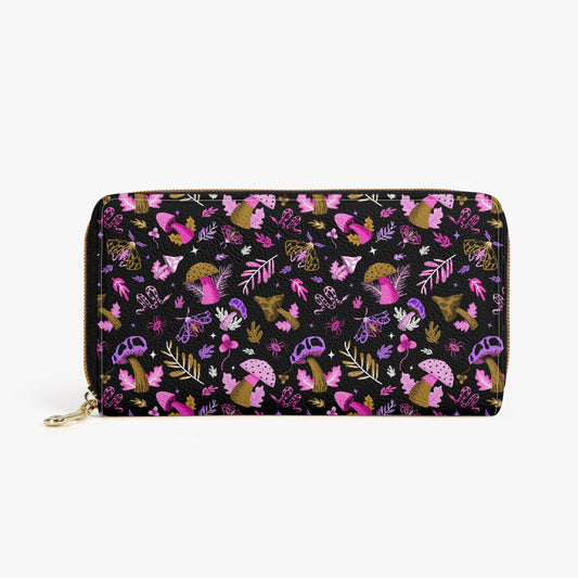 Midnight Mushrooms Orchid, Magenta, Gold Zipper Wallet