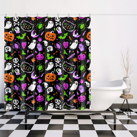 Everything Spooky 2022 Black, White, Orange, Lavender, Magenta, Green Halloween Shower Curtain