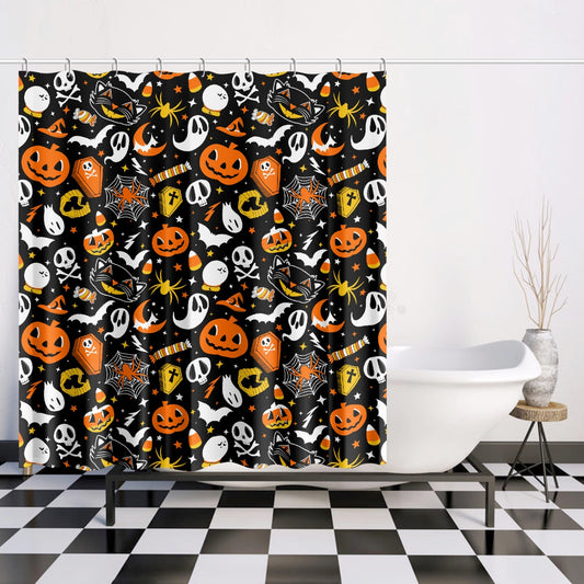 Everything Spooky 2021 Black, White, Orange, Yellow Halloween Shower Curtain