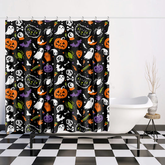 Everything Spooky 2022 Black, White, Orange, Purple, Chartreuse Halloween Shower Curtain