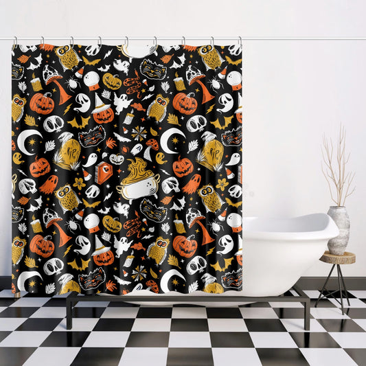 It's Spooky Season 2023 Black, White, Orange, Gold Halloween Shower Curtain