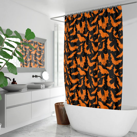 Batty Bats 2023 Black with Orange Gothic Halloween Shower Curtain