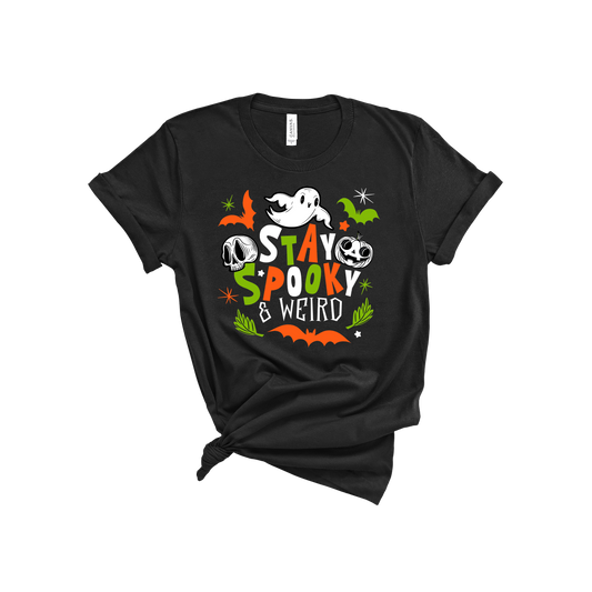 Stay Spooky and Weird T-shirt BW ORANGE GREEN