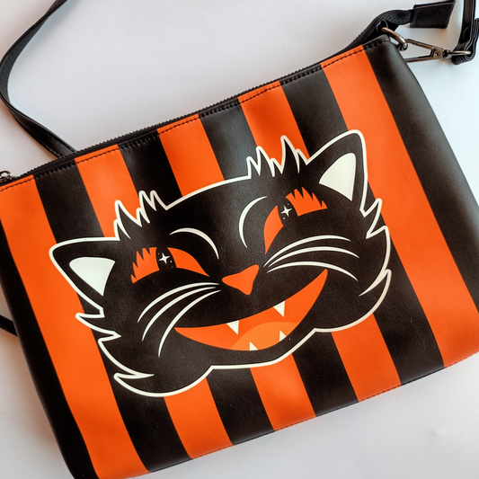 Retro Halloween Black Cat Vertical Stripes Orange 3 Daily Zip Pouch