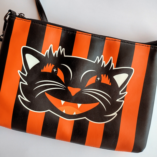 Retro Halloween Black Cat Vertical Stripes Orange 3 Daily Zip Pouch