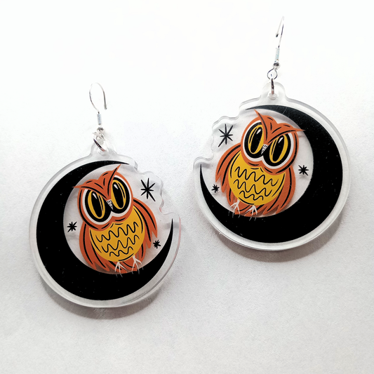 Moon and Owl Spooky Halloween Acrylic Earrings