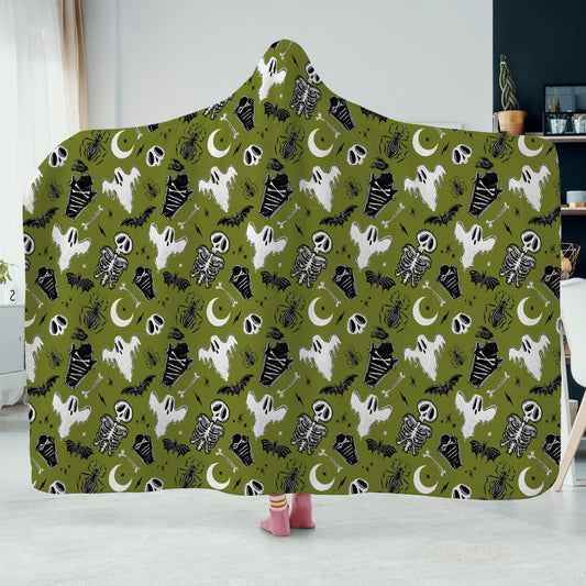 Graveyard Ghouls 2023 Black White Green Hooded Blanket