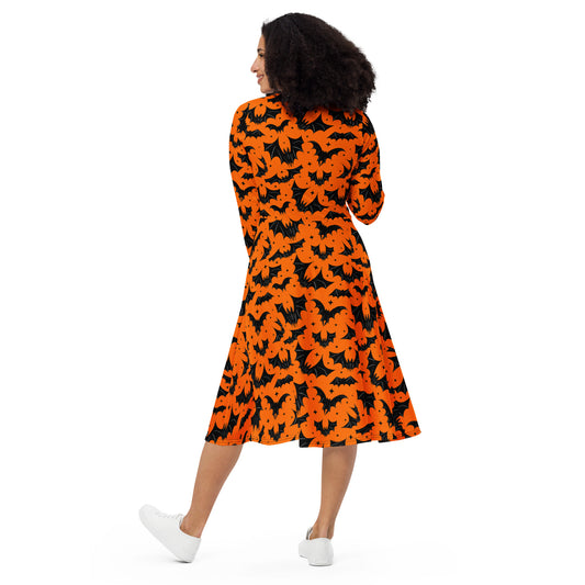 Batty Bats 2022 Orange Halloween Long Sleeve Midi Dress with Pockets