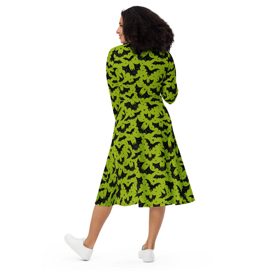 Batty Bats 2022 Chartreuse Halloween Long Sleeve Midi Dress with Pockets