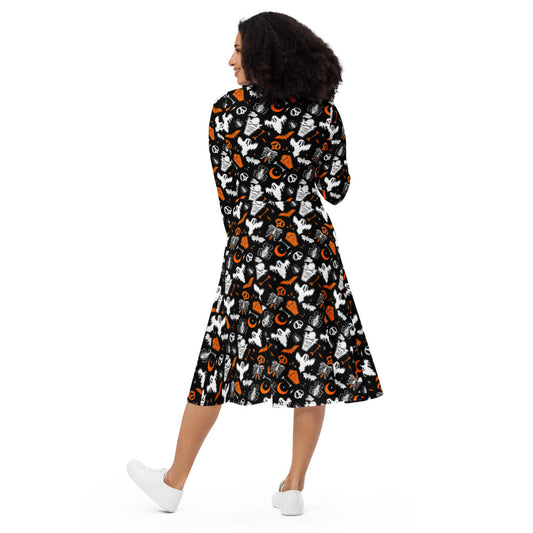 Graveyard Ghouls BWO Long Sleeve Midi Dress with Pockets