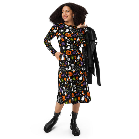 Everything Spooky 2022 Multi 3 Halloween Long Sleeve Midi Dress with Pockets