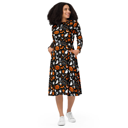 Everything Spooky 2022 Black, White, Orange Halloween Long Sleeve Midi Dress with Pockets