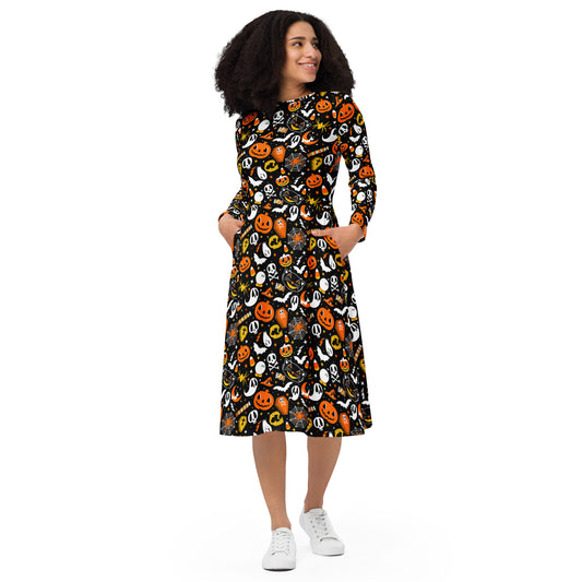 Everything Spooky 2021 Orange, Yellow, Black, White Halloween Long Sleeve Midi Dress with Pockets