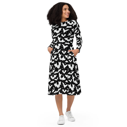 Batty Bats 2022 Black, White Halloween Long Sleeve Midi Dress with Pockets