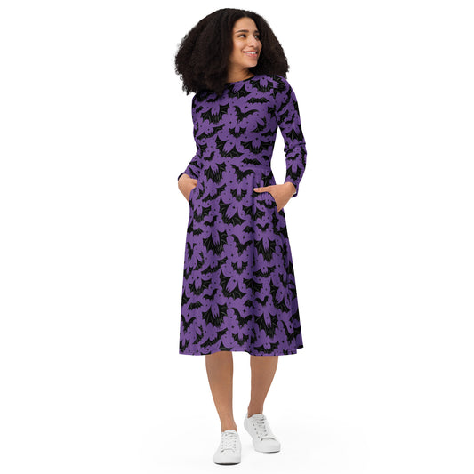 Batty Bats 2022 Purple Halloween Long Sleeve Midi Dress with Pockets