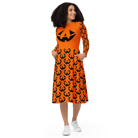 Jack-O-Lantern Face Two Halloween Long Sleeve Midi Dress with Pockets