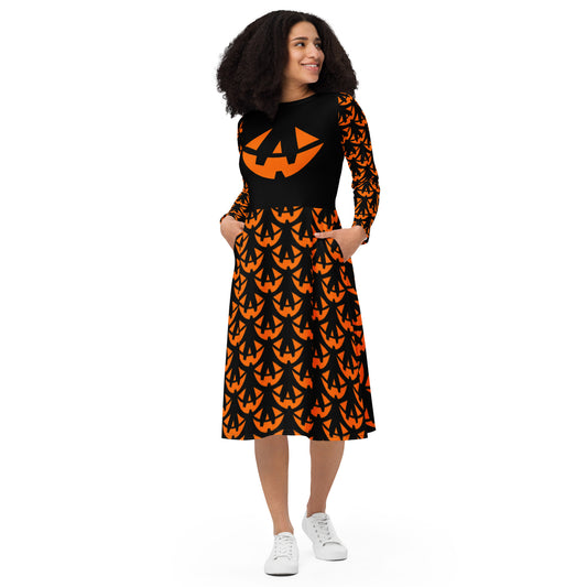 Jack-O-Lantern Face Three Halloween Long Sleeve Midi Dress with Pockets