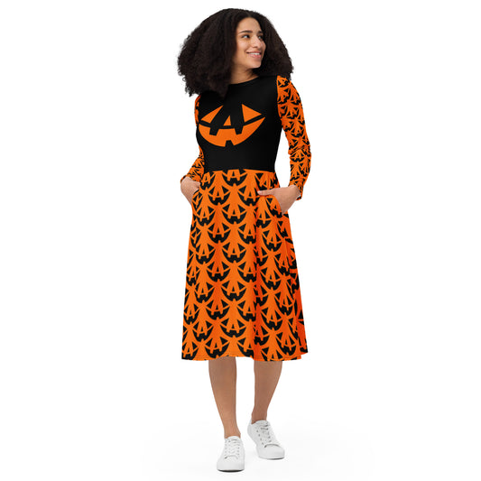 Jack-O-Lantern Face Halloween Long Sleeve Midi Dress with Pockets