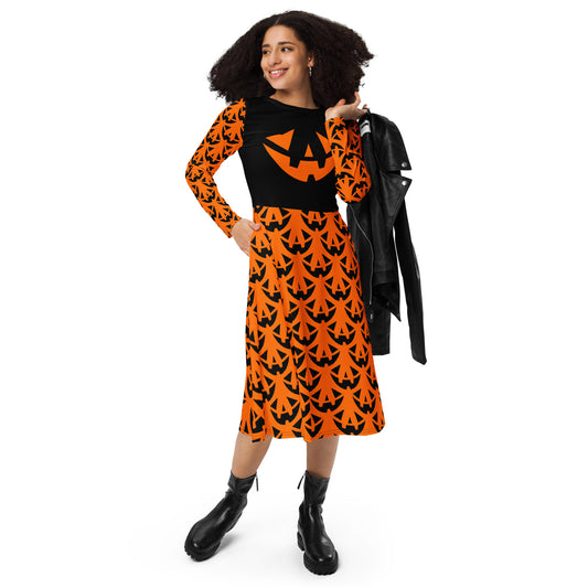 Jack-O-Lantern Face Halloween Long Sleeve Midi Dress with Pockets