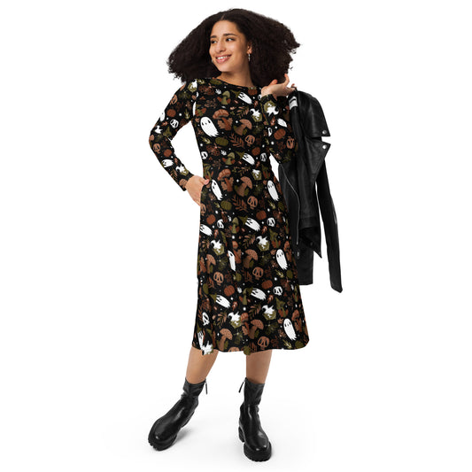 Mushroom Magick Earthy Witchy Long Sleeve Midi Dress with Pockets