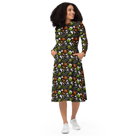 Trick or Treat 23 Orange, Chartreuse Halloween Long Sleeve Midi Dress with Pockets