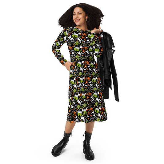 Trick or Treat 23 Orange, Chartreuse Halloween Long Sleeve Midi Dress with Pockets