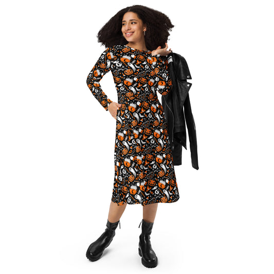 Trick or Treat 23 Orange Halloween Long Sleeve Midi Dress with Pockets