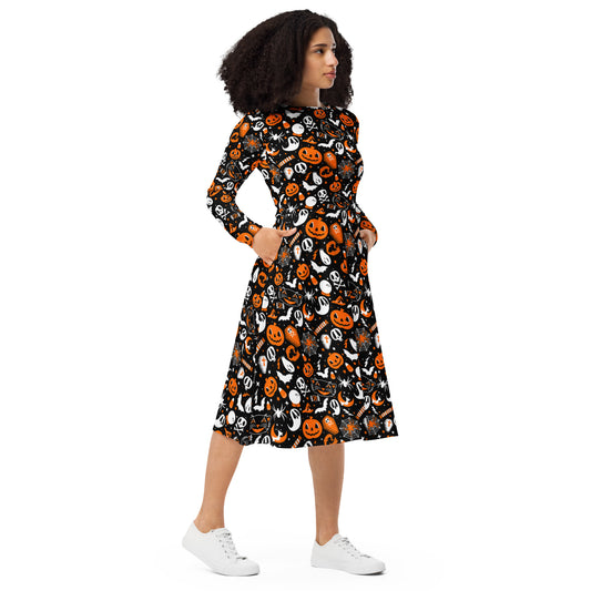 Everything Spooky 2021 Orange, Black, White Halloween Long Sleeve Midi Dress with Pockets